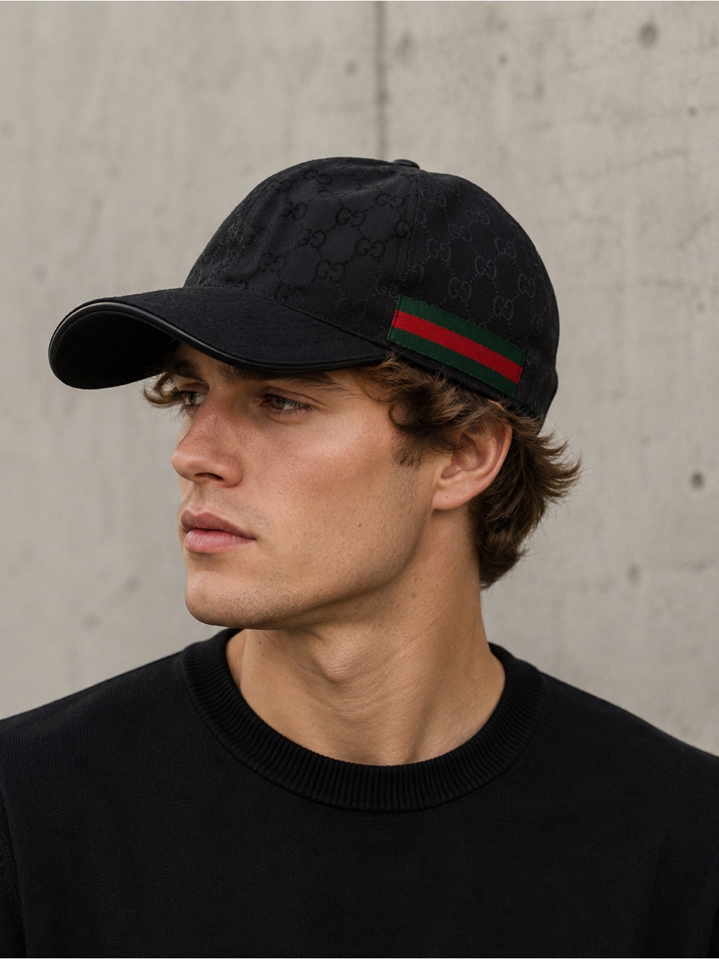 Authentic Gucci Black Monogram Canvas Baseball Hat Red Green Accents Unisex M